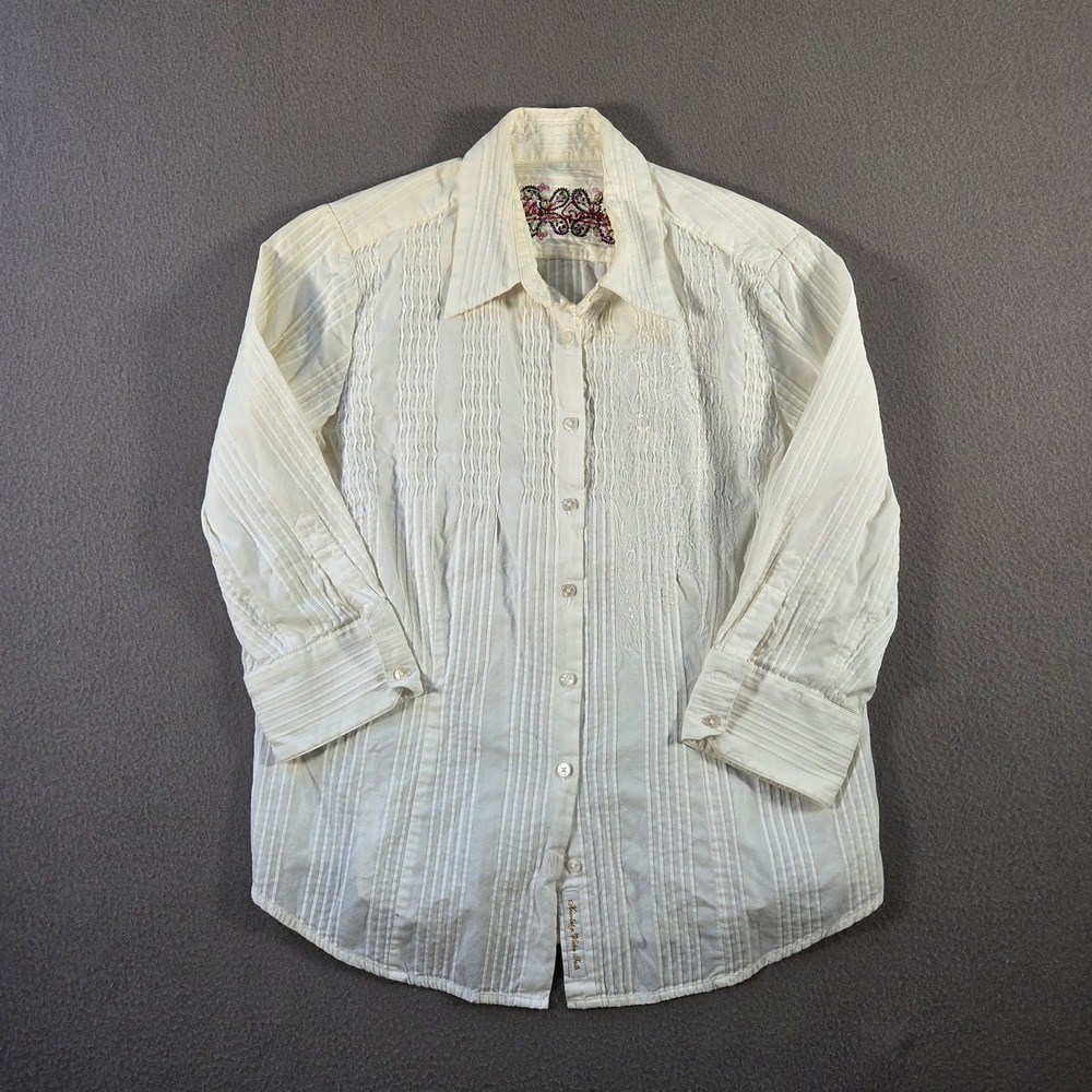 Robert Graham Shirt Womens Large White Ribbed Floral Embroidered Long Sleeve